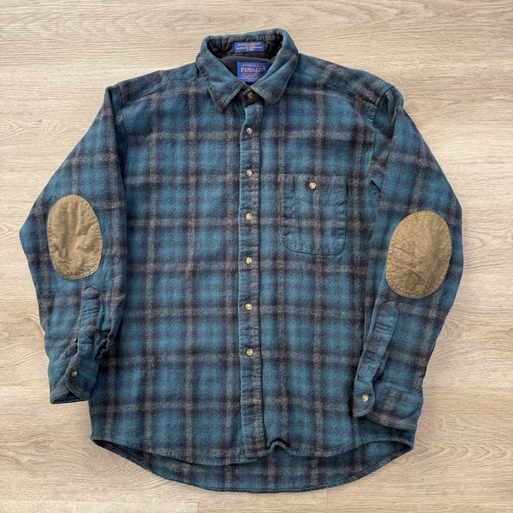 Vintage Pendleton Wool Shirt Mens Large Fits M/L Teal Blue Plaid Elbow Patch